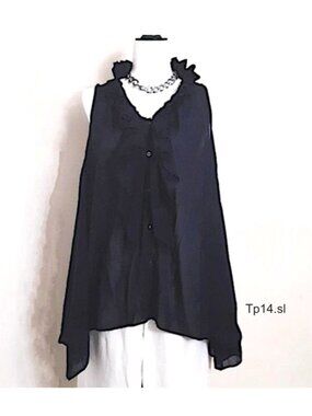 JEWEL CHANGES Navy Blue A-Line Top Ruffled V-Neckline Button Front Sleeveless